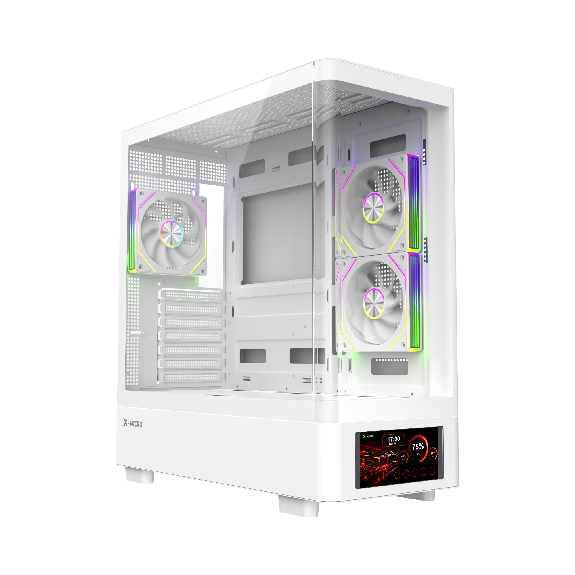 X-MICRO Gabinete Gamer Invictus Core 5 LCD con pantalla de 5″ – Blanco - CSIC-5L-1W