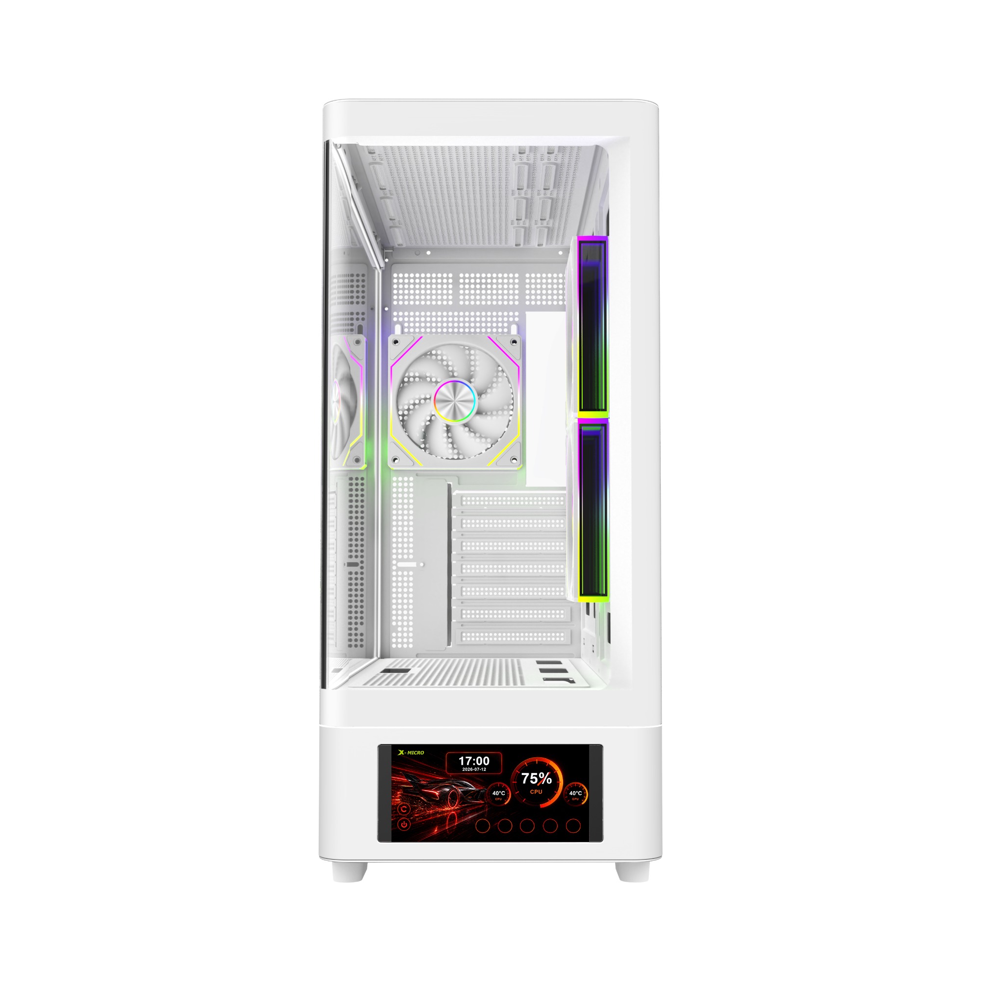 X-MICRO Gabinete Gamer Invictus Core 5 LCD con pantalla de 5″ – Blanco - CSIC-5L-1W