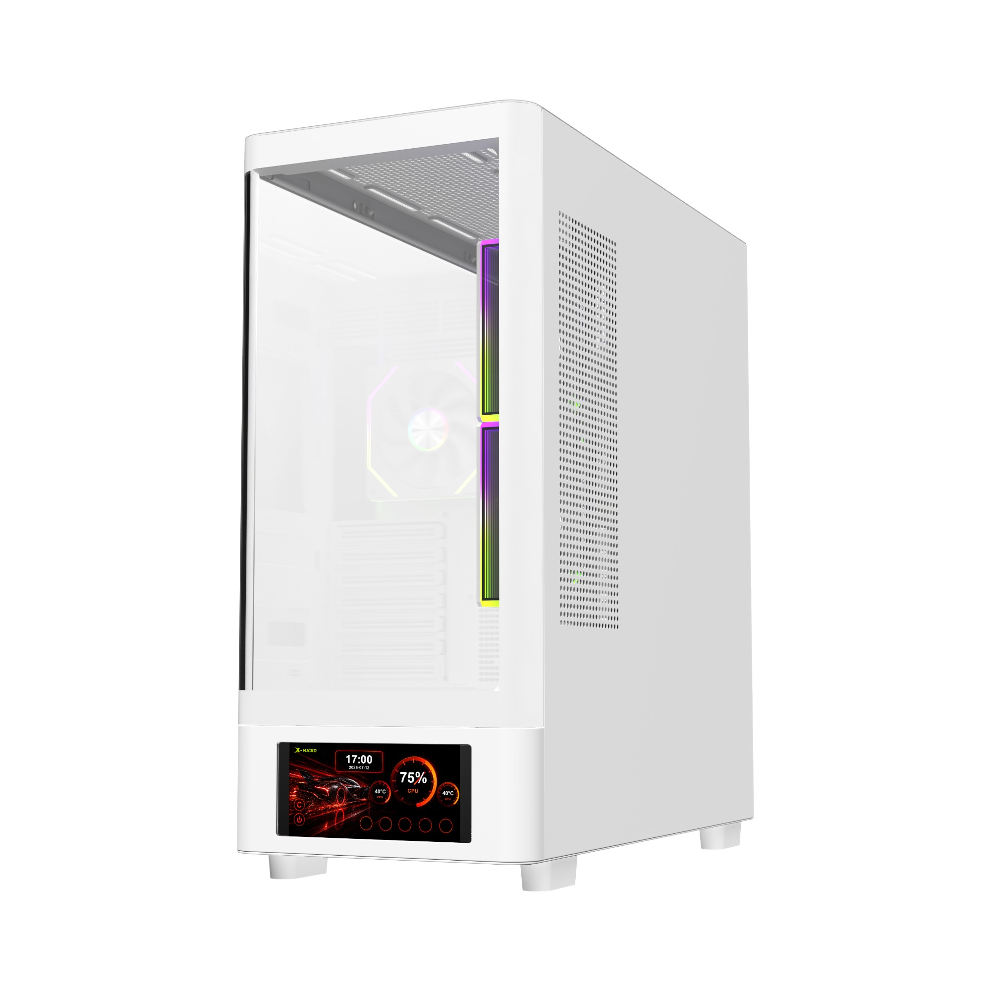 X-MICRO Gabinete Gamer Invictus Core 5 LCD con pantalla de 5″ – Blanco - CSIC-5L-1W
