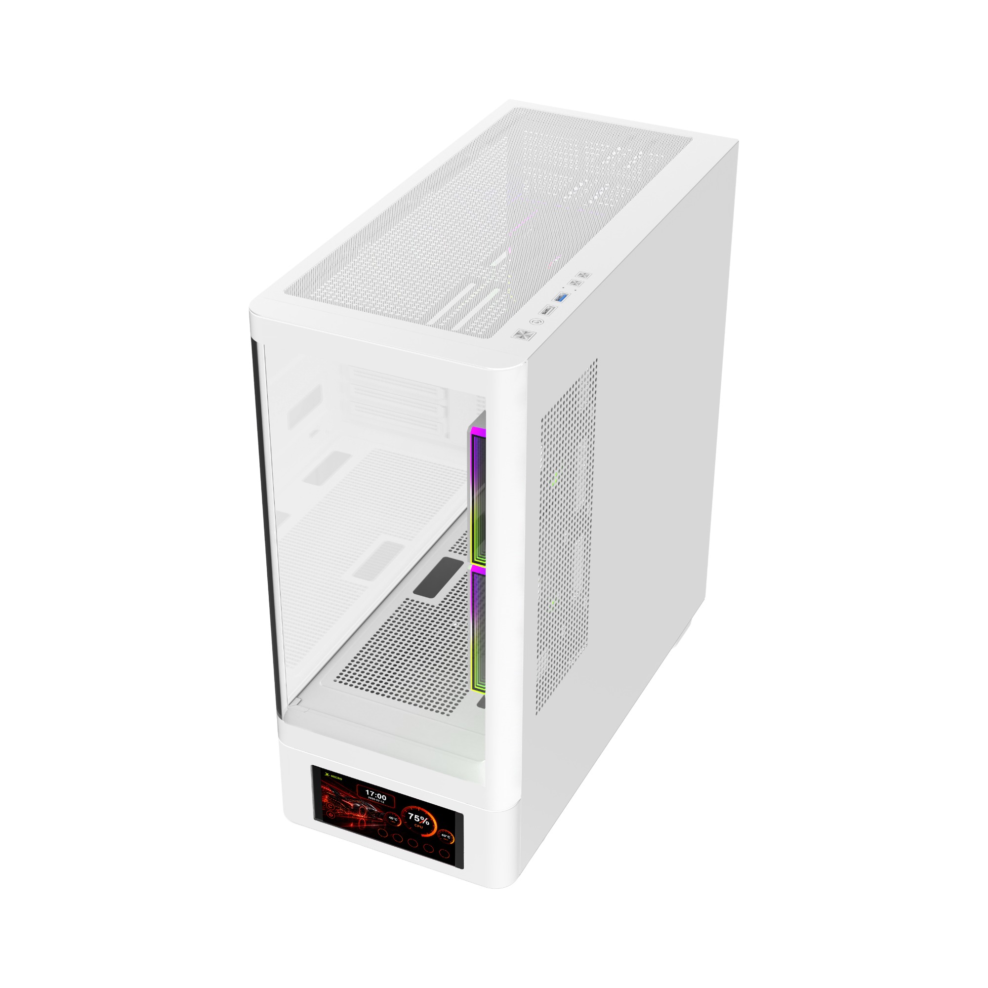 X-MICRO Gabinete Gamer Invictus Core 5 LCD con pantalla de 5″ – Blanco - CSIC-5L-1W
