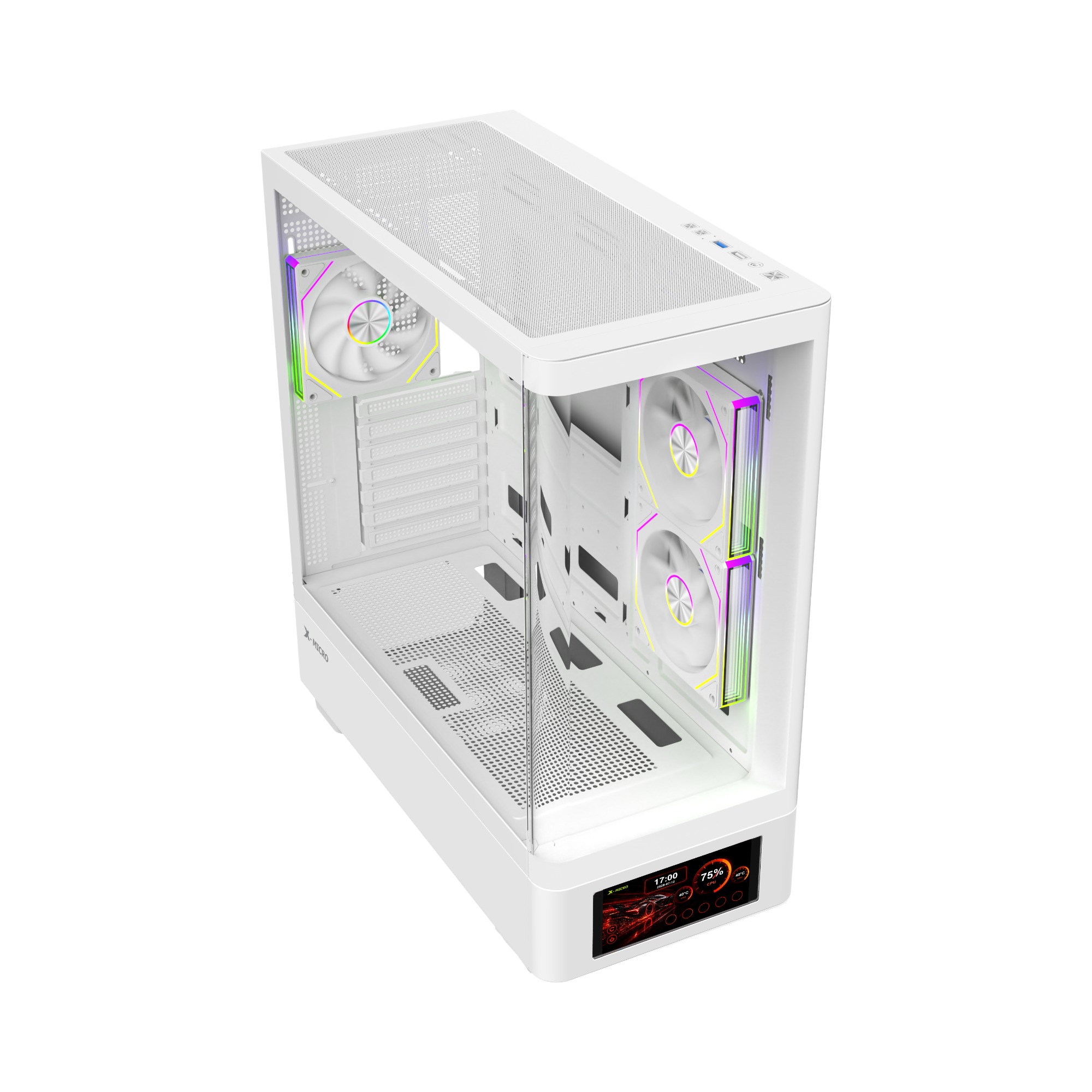 X-MICRO Gabinete Gamer Invictus Core 5 LCD con pantalla de 5″ – Blanco - CSIC-5L-1W