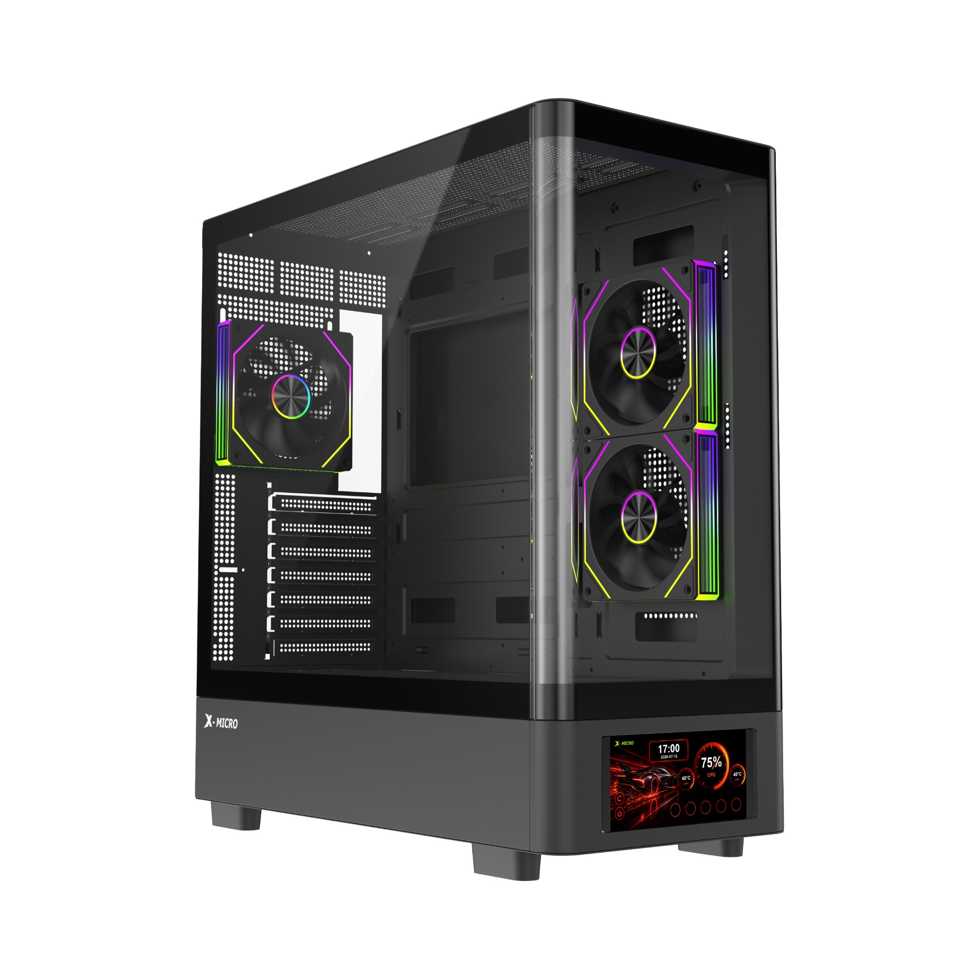 X-MICRO Gabinete Gamer Invictus Core 5 LCD con pantalla de 5″ – Negro / Blanco