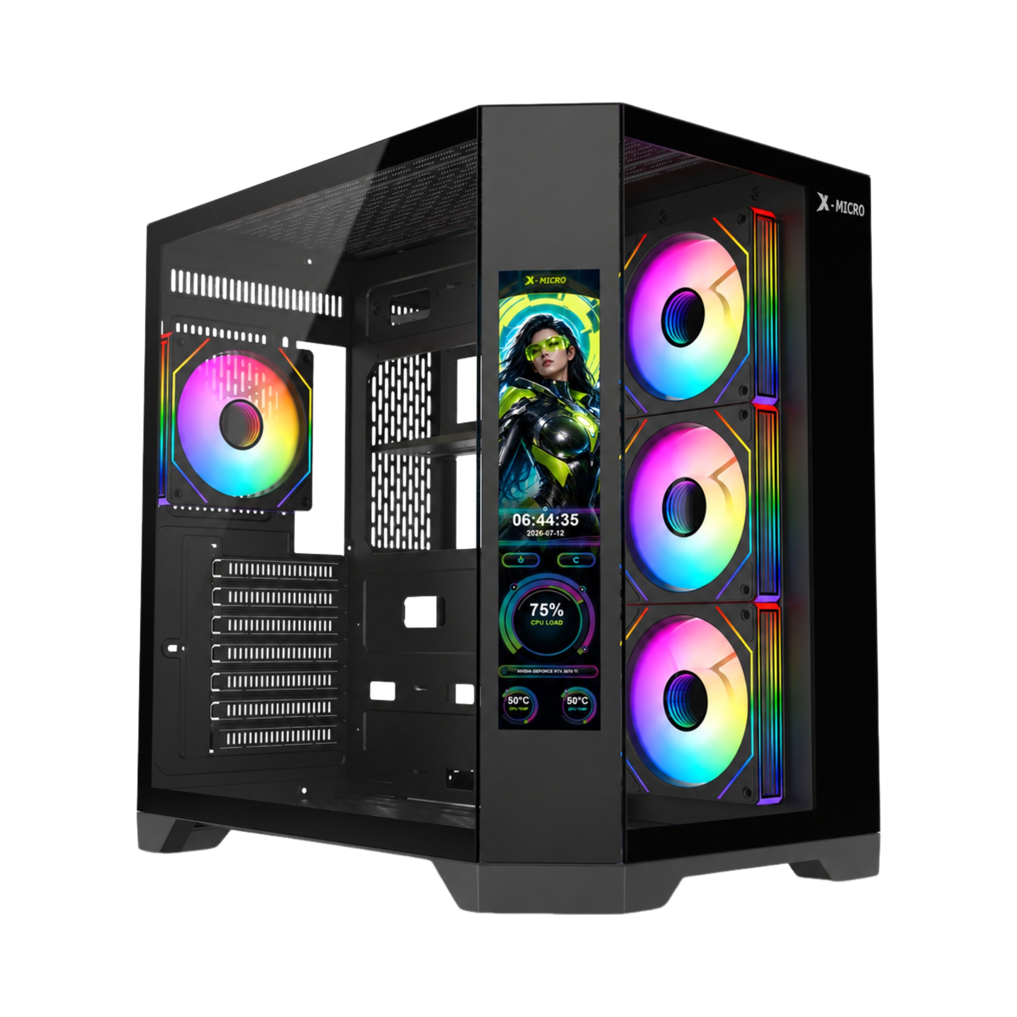 X-MICRO Gabinete Gamer Invictus Pro 9 LCD con pantalla integrada – Negro – CSIP-9L-1B