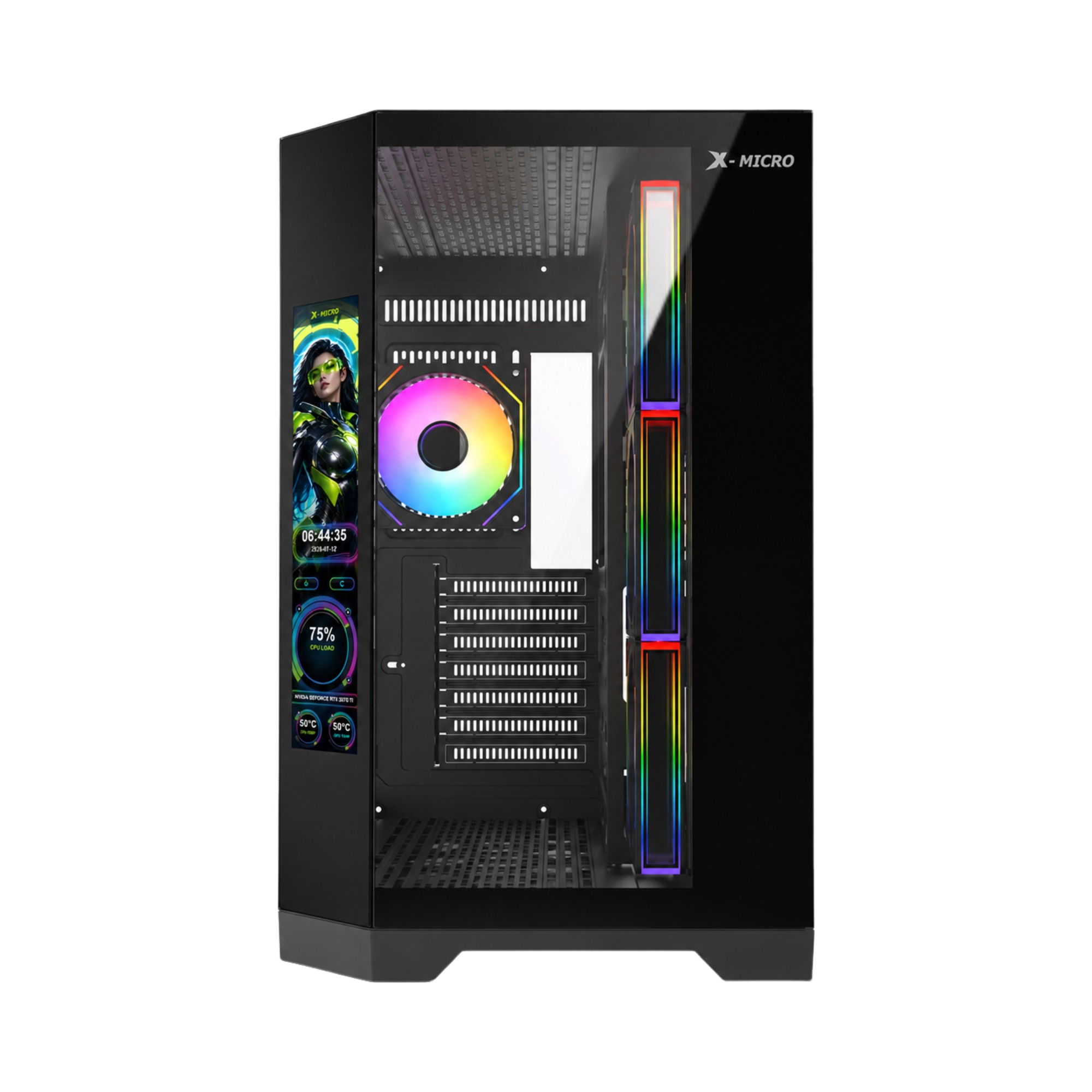 X-MICRO Gabinete Gamer Invictus Pro 9 LCD con pantalla integrada – Negro – CSIP-9L-1B