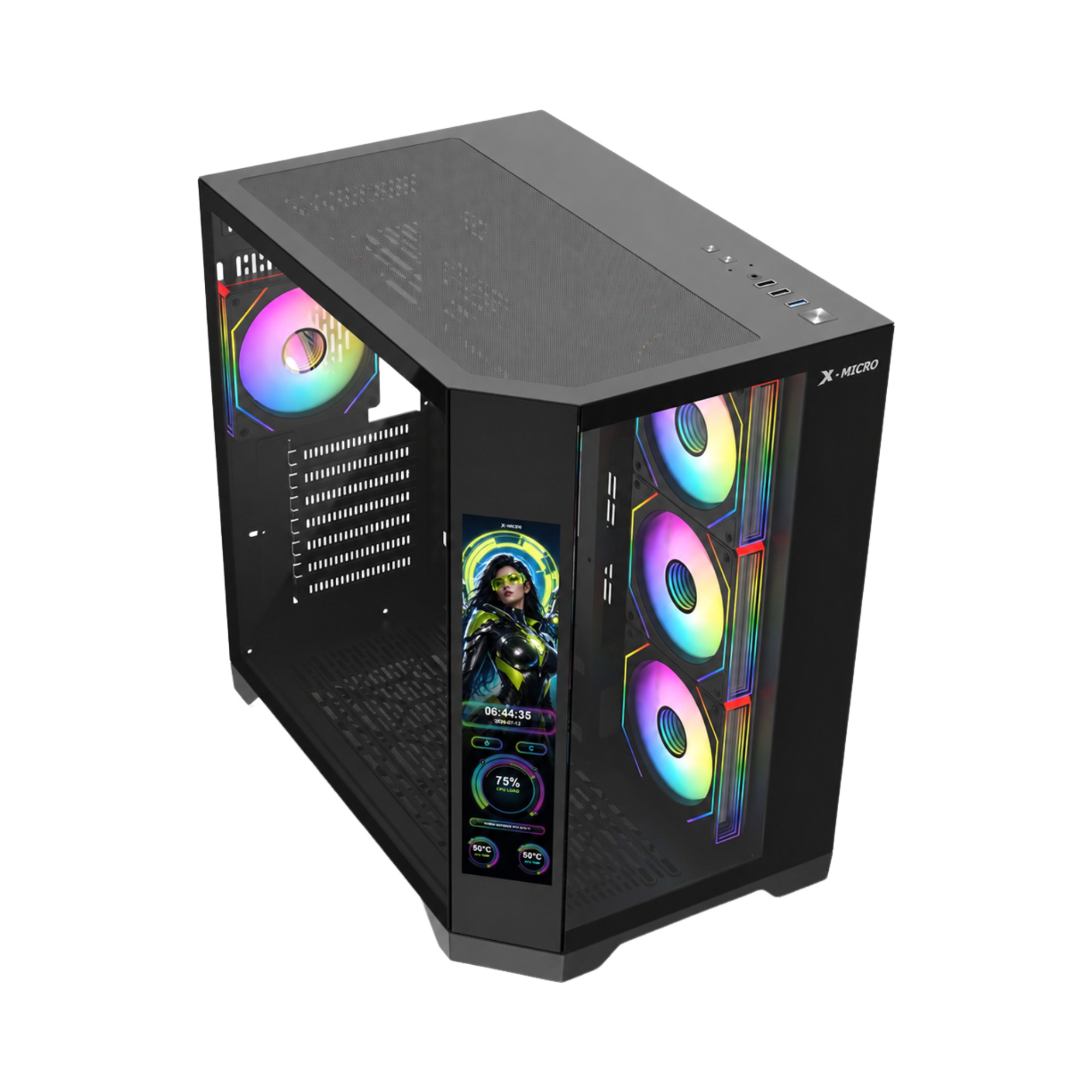 X-MICRO Gabinete Gamer Invictus Pro 9 LCD con pantalla integrada – Negro – CSIP-9L-1B